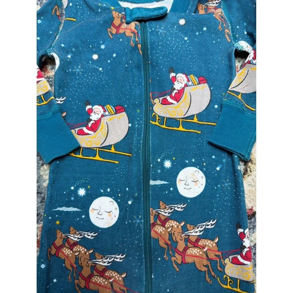 Hanna Andersson Pajamas Boys 3-6M Teal Santa Reindeer Organic Cotton EUC